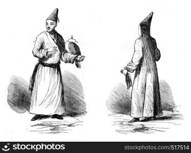 men suits and woman in Little Boukhaire, Chinese Turkestan, vintage engraved illustration. Magasin Pittoresque 1845.
