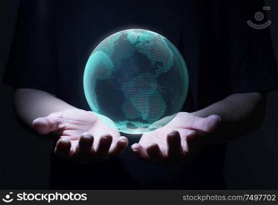 Men two hand holding the floating digital glass planet earth . Global business technologies concept. 3D rendering .