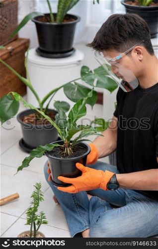 Men wearing orange gloves and planting trees indoors.