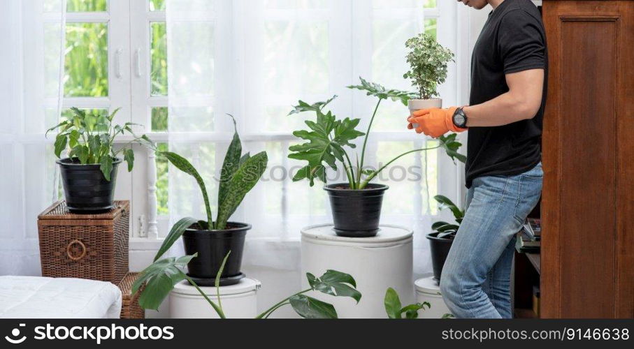 Men wearing orange gloves and planting trees indoors.