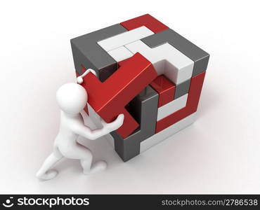 Men with a cube built from blocks. Puzzle. 3d