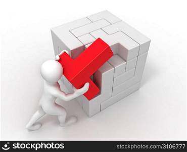 Men with a cube built from blocks. Puzzle. 3d