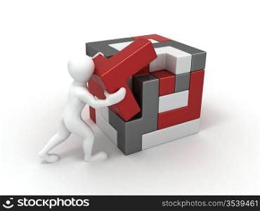 Men with a cube built from blocks. Puzzle. 3d