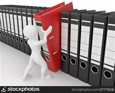 Men with archive from folders on white isolated background. 3d