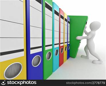 Men with archive from folders on white isolated background. 3d