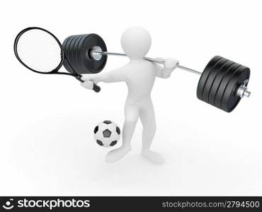Men with barbell, racket and ball. 3d