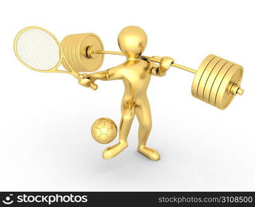 Men with barbell, racket and ball. 3d