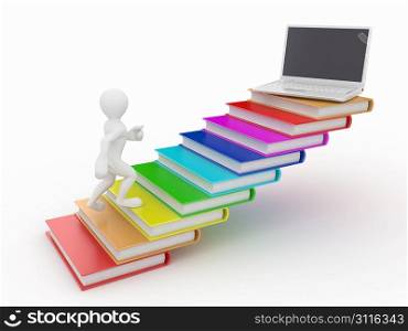 Men with books and laptop on white isolated background. 3d