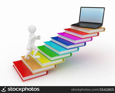 Men with books and laptop on white isolated background. 3d