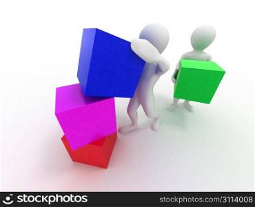 Men with boxes. Conceptual image of teamwork. 3d