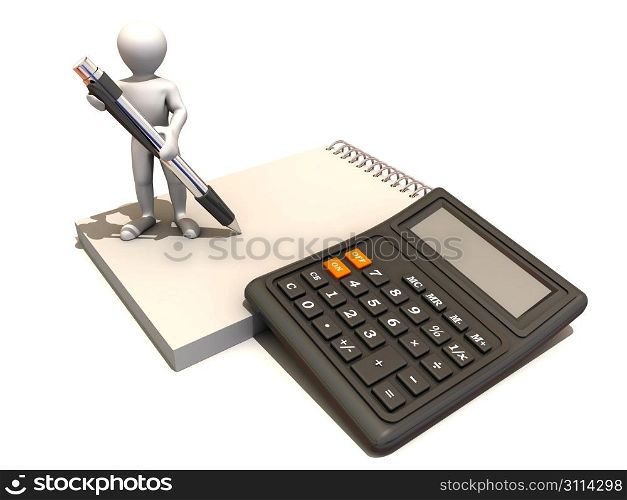 Men with calculator and notebook. 3d