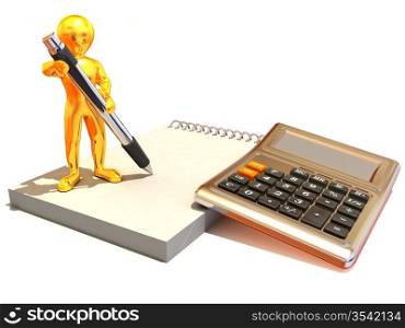 Men with calculator and notebook. 3d