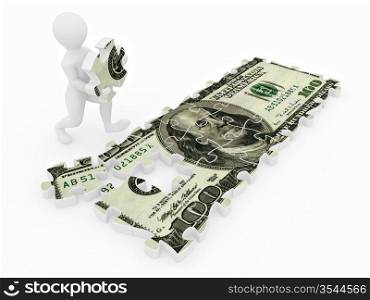 Men with dollar from parts of puzzle. 3d