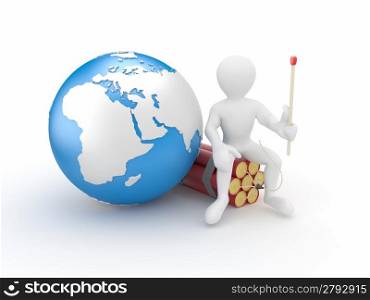 Men with earth and dynamite on white isolated background. 3d
