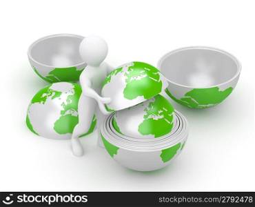 Men with earth on white isolated background. 3d