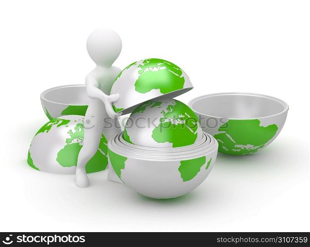 Men with earth on white isolated background. 3d