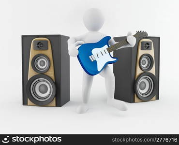 Men with guitar and loudspeaker. 3d