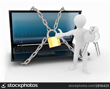 Men with keys and laptop with chains and lock. 3d