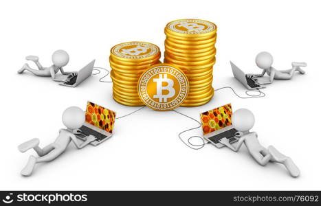 Men with laptops around coin Bitcoins. 3d rendering.