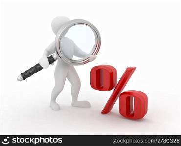 Men with loupe and percent on white isolated bakground. 3d