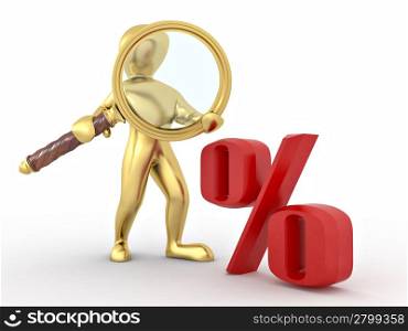 Men with loupe and percent on white isolated bakground. 3d