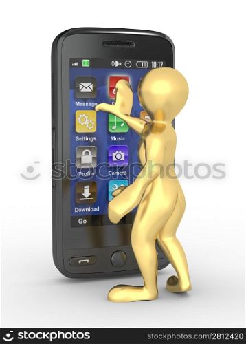 Men with mobile phone on white isolated background. 3d