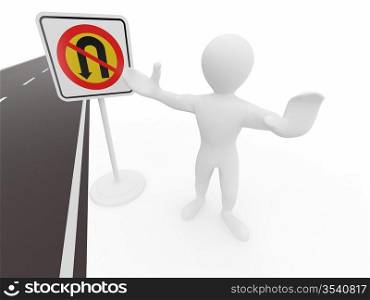 men with No U Turn road sign. 3d