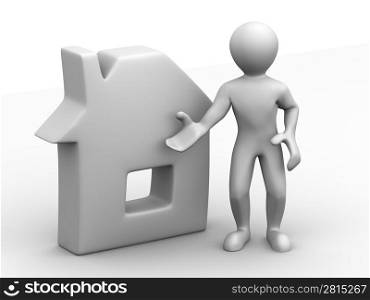 Men with sign home. 3d