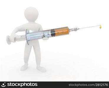 Men with syringe on white isolated background. 3d