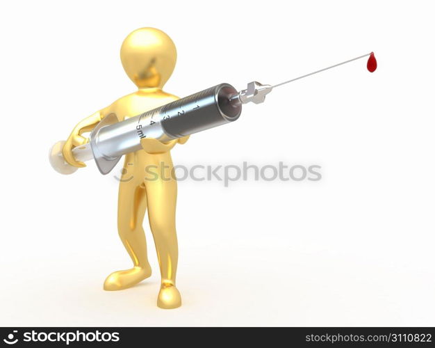 Men with syringe on white isolated background. 3d