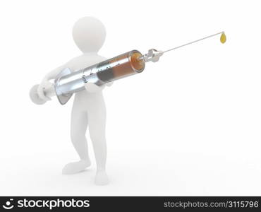 Men with syringe on white isolated background. 3d