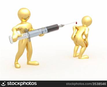 Men with syringe on white isolated background. 3d