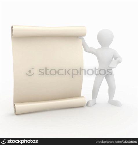 Men with vintage aged papyrus on white isolated background. 3d