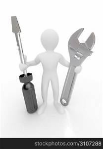 Men with wrench and screwdriver on white isolated background. 3d