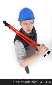 Menacing tradesman holding large clippers
