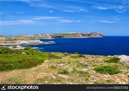 Menorca island coast with view on La Mola Fortress peninsula, Spain.
