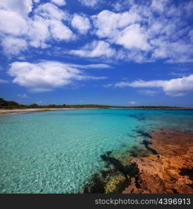 Menorca Son Saura beach in Ciutadella turquoise color at Balearic islands