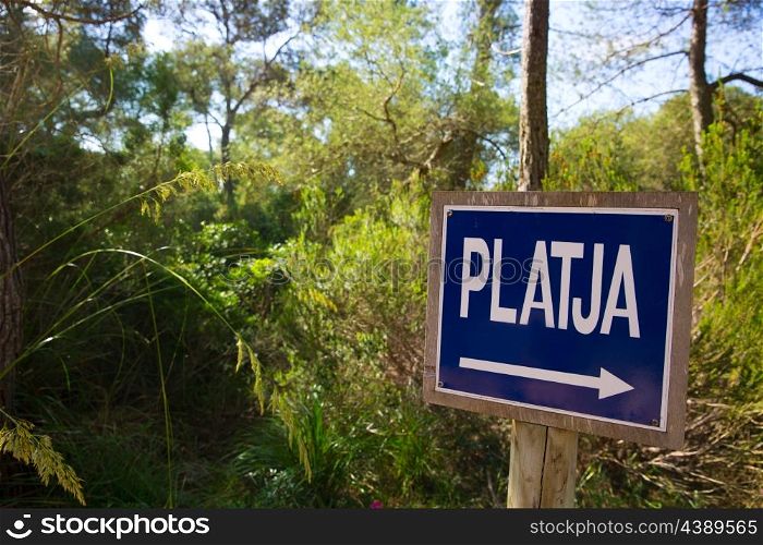 Menorca track blue sign with Platja or beach arrow in Mediterranean pine forest