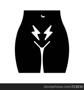 Menstrual cramps and pain glyph icon. Lower abdominal acute pain in women. Strangury. Infertility. Uterus and ovary disorders. Silhouette symbol. Negative space. Vector isolated illustration. Menstrual cramps and pain glyph icon