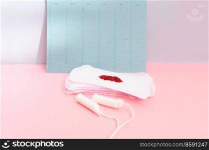 Menstrual pad with schedule card background, menstrual period and ovulation and fertility tracker, baby birth planning and natural control. Menstrual pad with schedule card background