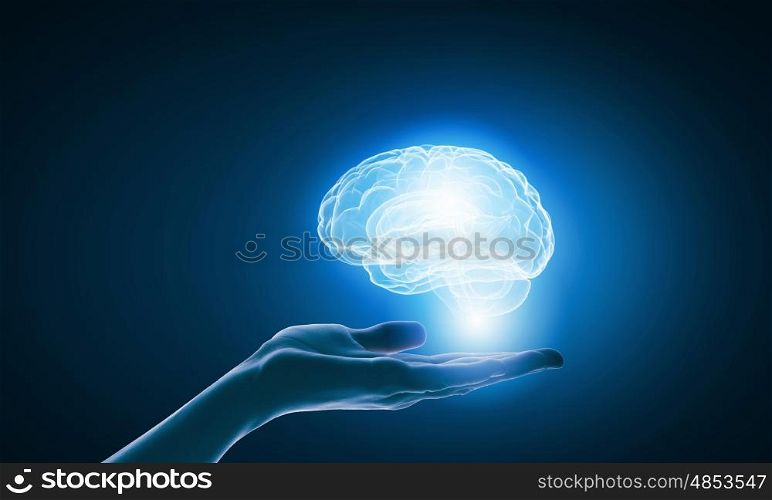 Mental health. Close up of businessman holding digital image of brain in palm