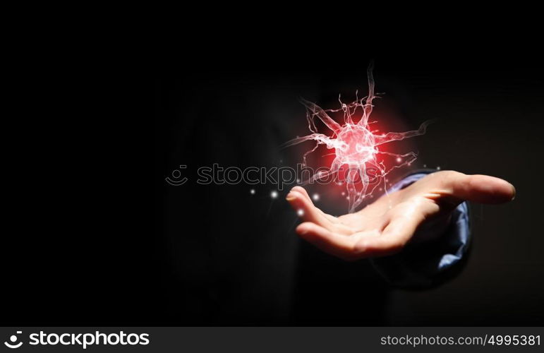 Mental health. Close up of businessman holding digital image of nerve in palm