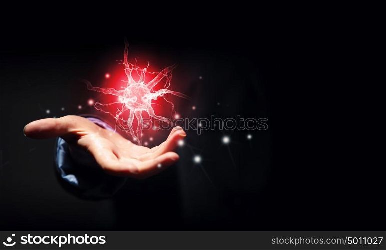 Mental health. Close up of businessman holding digital image of nerve in palm