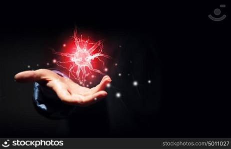 Mental health. Close up of businessman holding digital image of nerve in palm