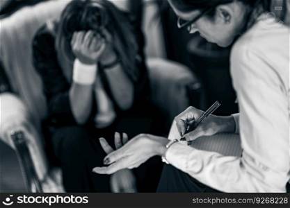 Mental Health Patient with Psychotherapist in Talking Therapy Session. Depressed Woman in Session with Psychotherapist, Mental Health Concept