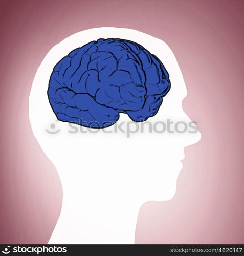 Mental health. Silhouette of human head with brain on color background