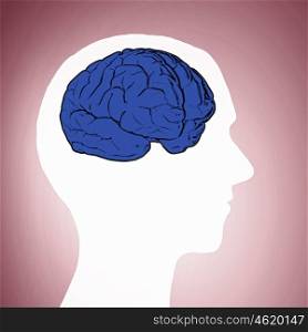 Mental health. Silhouette of human head with brain on color background