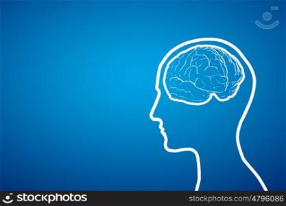 Mental health. Silhouette of human head with brain on color background