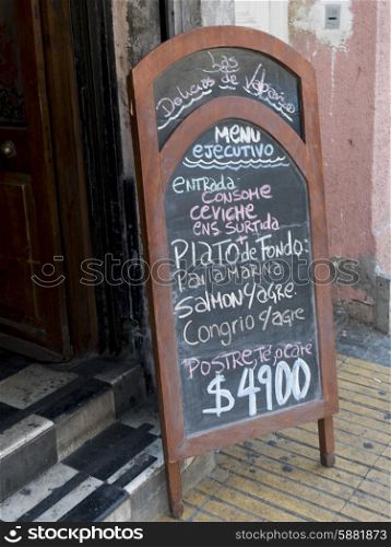 Menu blackboard in a restaurant, Valparaiso, Chile