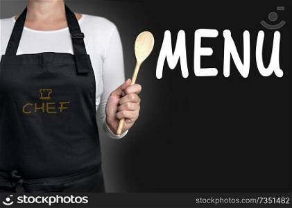 Menu cook holding wooden spoon background.. Menu cook holding wooden spoon background